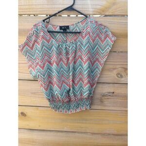 BCX Womens XS Geometric Chevron Smocked Waist Dolman Sleeve Blouse Coral Teal